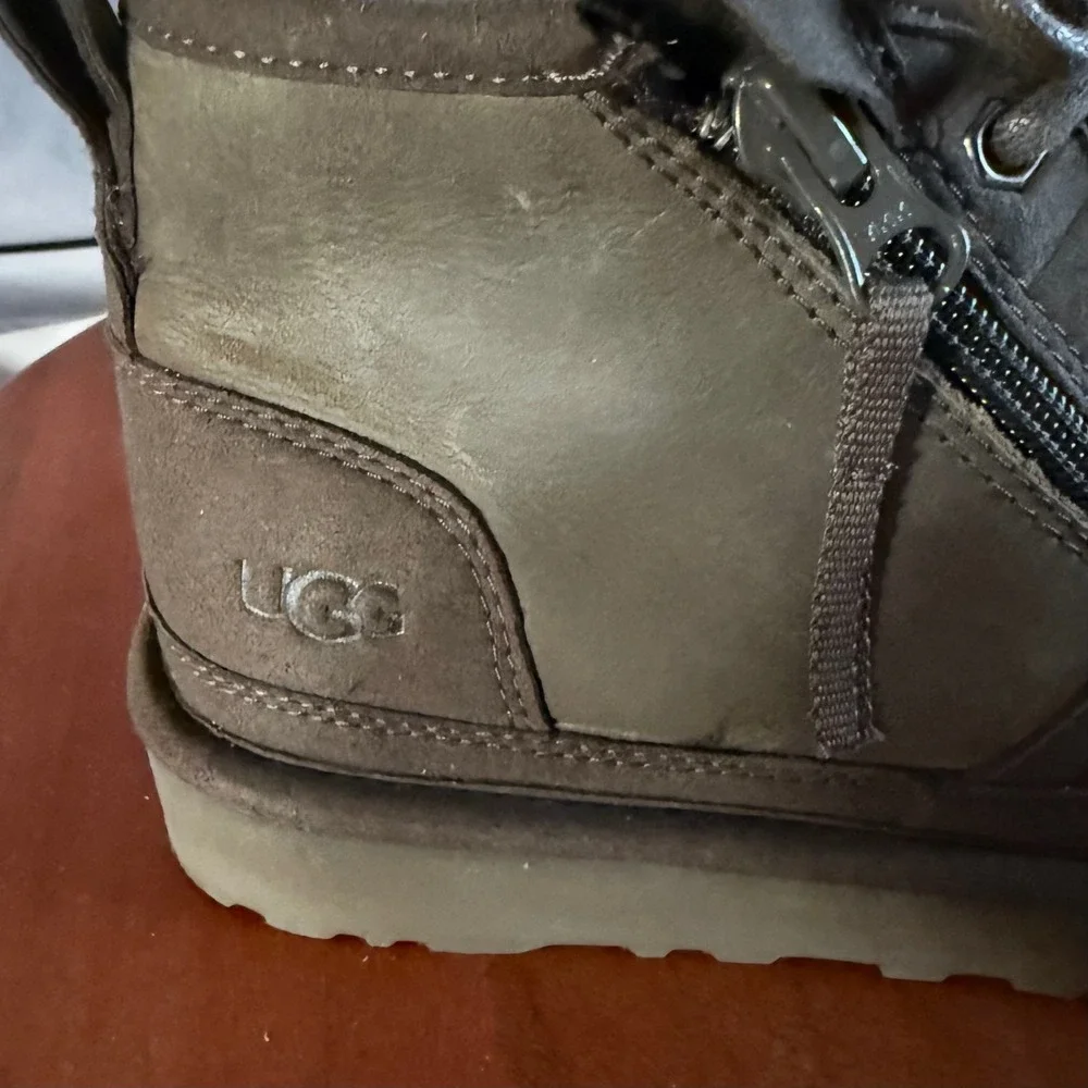 UGG Neumel Zip Chukka Boots Mens Size 6 Grey Leather Side Zip Fur‎ Lined Unisex